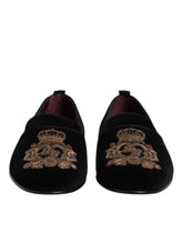 Dolce & Gabbana Black Velvet Gold Crown Mens Loafers Shoes